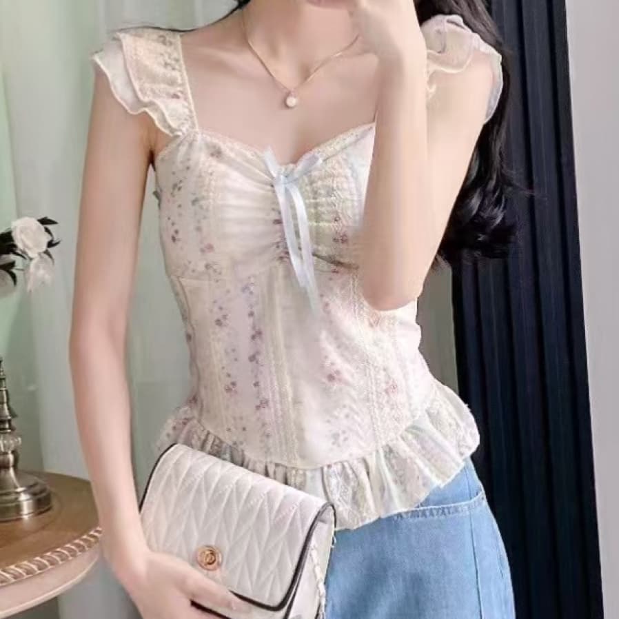 주문 재고 있음 순수한 욕망 바람 달콤한 핫걸 조끼 슬립 품격 맨위 디자인 센스 작은 대중 작은 날다 소매 꽃무늬 작은 셔츠 상세 이미지 10