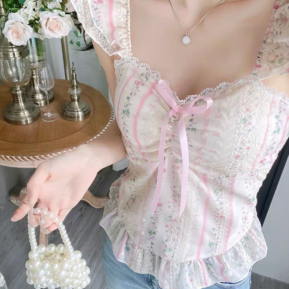 주문 재고 있음 순수한 욕망 바람 달콤한 핫걸 조끼 슬립 품격 맨위 디자인 센스 작은 대중 작은 날다 소매 꽃무늬 작은 셔츠 상세 이미지 11