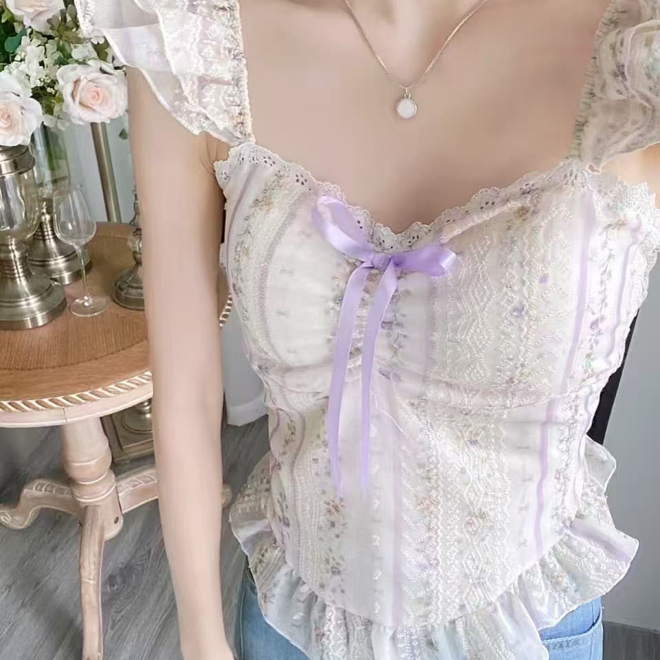 주문 재고 있음 순수한 욕망 바람 달콤한 핫걸 조끼 슬립 품격 맨위 디자인 센스 작은 대중 작은 날다 소매 꽃무늬 작은 셔츠 상세 이미지 13