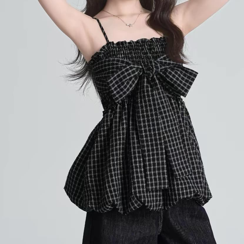 주문 재고 있음 프랑스식 부드러운 순수한 욕망 바람 나비 매듭 체크무늬 캐미솔 여름 디자인 슬림해 보이는 맨위 상세 이미지 6