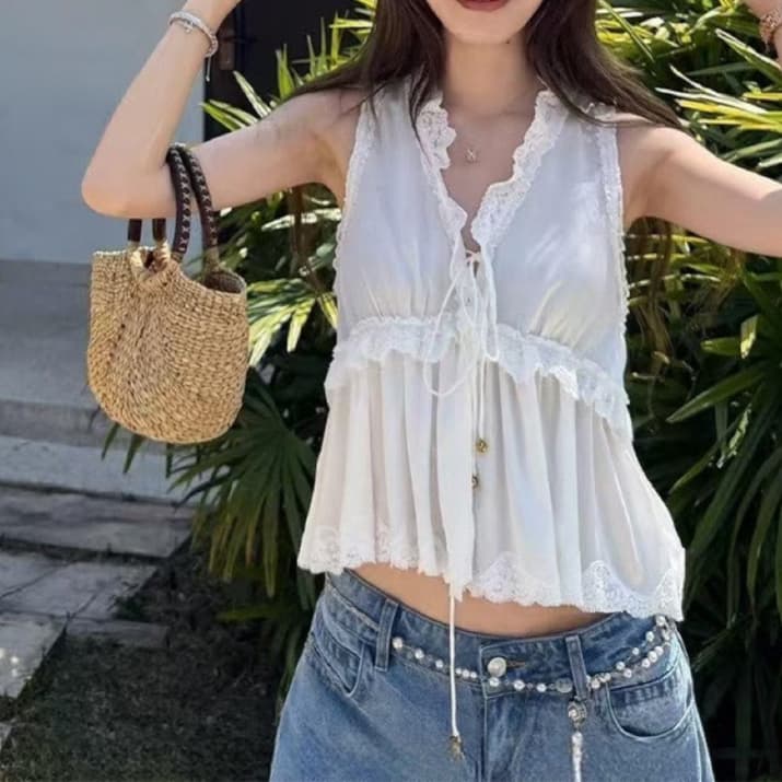 주문 재고 있음 프랑스 레이스 레이스 패치워크 봄 여름 V넥 프릴 조끼 슬립 여성 펌프 로프 맨위 레이스업 이미지 3