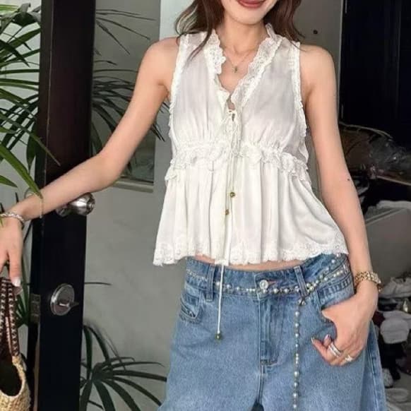 주문 재고 있음 프랑스 레이스 레이스 패치워크 봄 여름 V넥 프릴 조끼 슬립 여성 펌프 로프 맨위 레이스업 상세 이미지 2