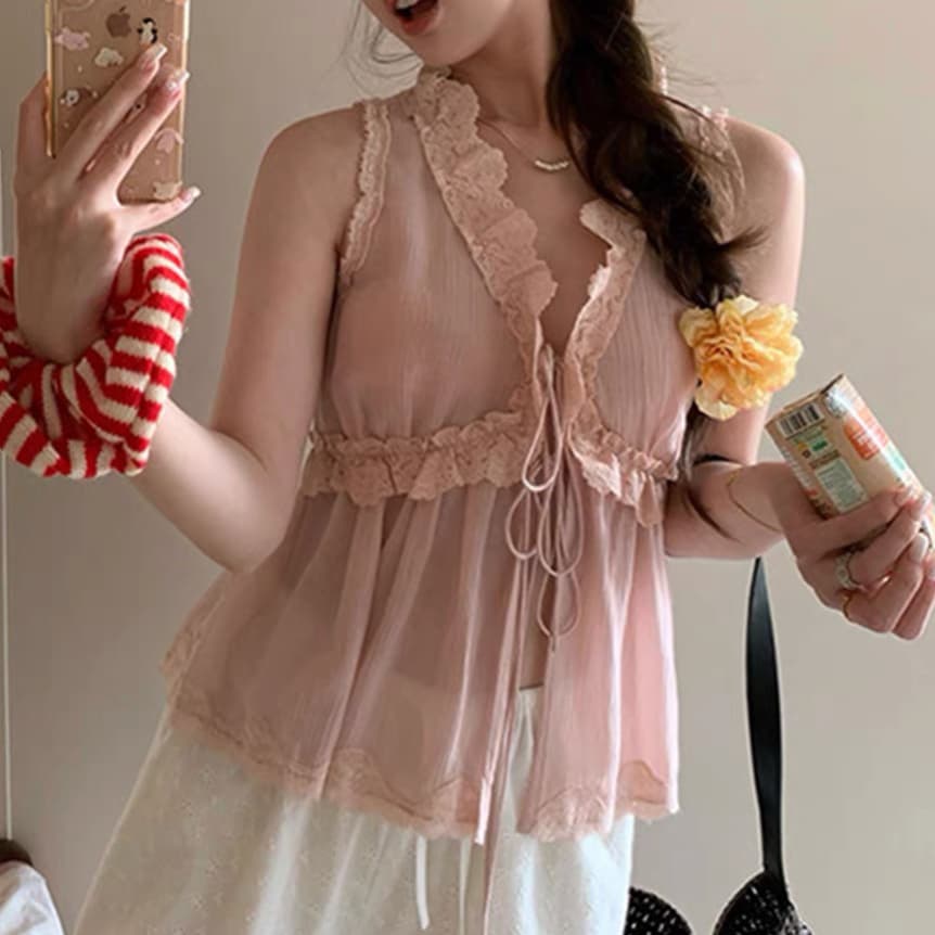 주문 재고 있음 프랑스 레이스 레이스 패치워크 봄 여름 V넥 프릴 조끼 슬립 여성 펌프 로프 맨위 레이스업 상세 이미지 6