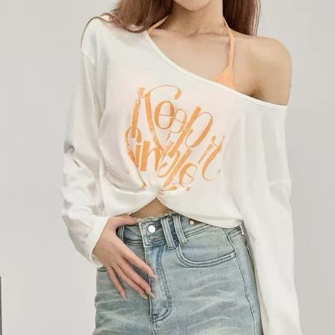 주문 재고 있음 여름 휴가 바람 행침 목 슬립 오프숄더 알파벳 프린트 긴팔 티셔츠 자외선 차단 맨위 투피스 세트