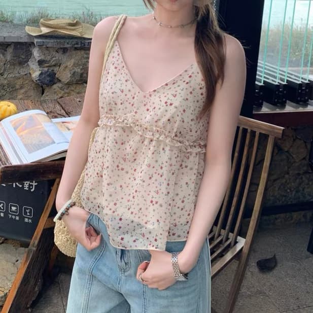 주문 재고 있음 검정색 꽃무늬 캐미솔 여름 새로운 몸매 가꾸기 슬림해 보이는 인사이드 가져 가라. 만나는 한 부서 민소매 맨위 상세 이미지 8