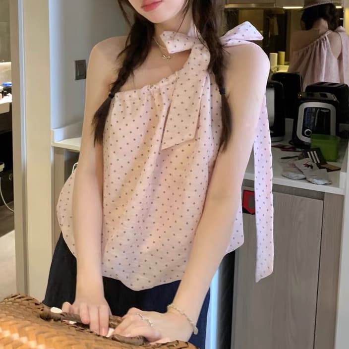 주문 재고 있음 핑크색 도트 무늬 맨위 민소매 여성 비스듬한 어깨 슬림해 보이는 티셔츠 여름 아름다운 해변가 착용 가져 가라. 리본 조끼 상세 이미지 1