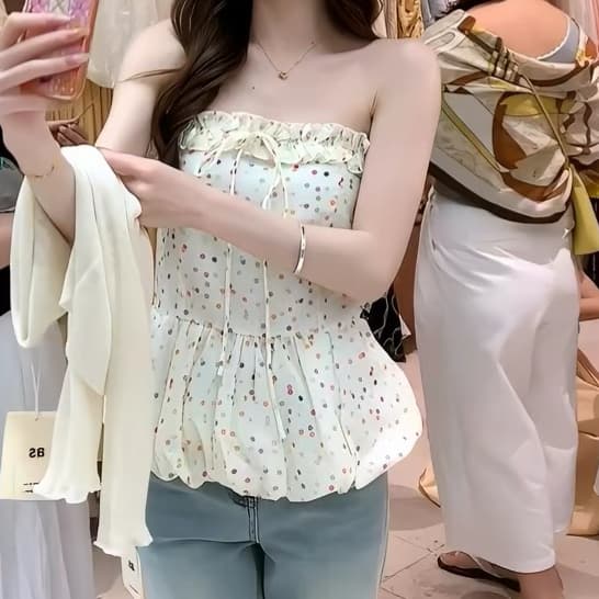 주문 재고 있음 휴가 바람 색상 도트 무늬 튜브탑 조끼 레이스업 꽃밭 허리 수축 슬림해 보이는 달콤한 핫걸 슬립 맨위