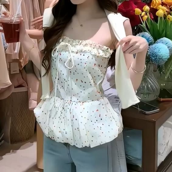주문 재고 있음 휴가 바람 색상 도트 무늬 튜브탑 조끼 레이스업 꽃밭 허리 수축 슬림해 보이는 달콤한 핫걸 슬립 맨위 이미지 2