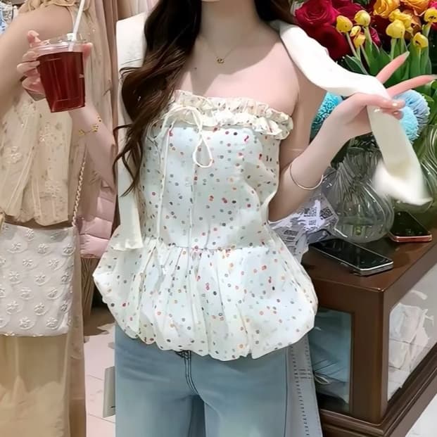주문 재고 있음 휴가 바람 색상 도트 무늬 튜브탑 조끼 레이스업 꽃밭 허리 수축 슬림해 보이는 달콤한 핫걸 슬립 맨위 상세 이미지 2