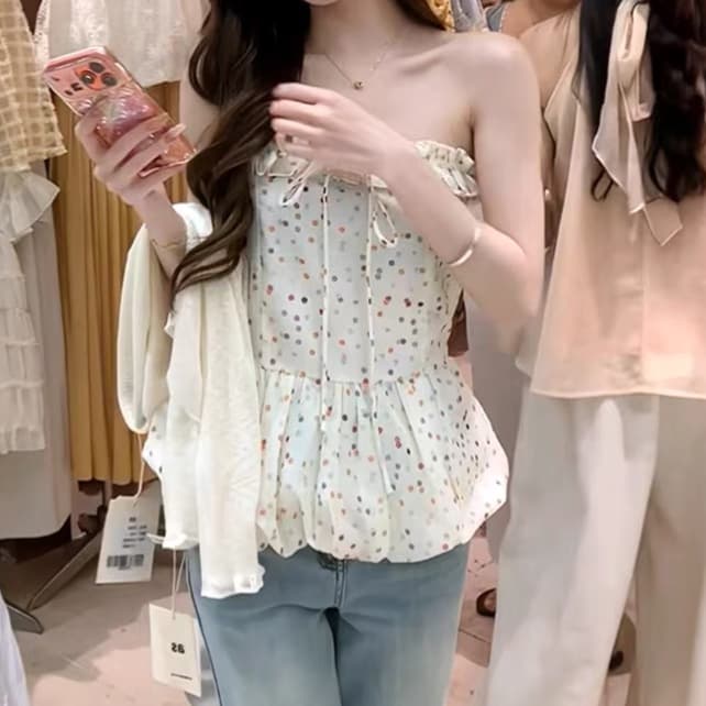 주문 재고 있음 휴가 바람 색상 도트 무늬 튜브탑 조끼 레이스업 꽃밭 허리 수축 슬림해 보이는 달콤한 핫걸 슬립 맨위 상세 이미지 4