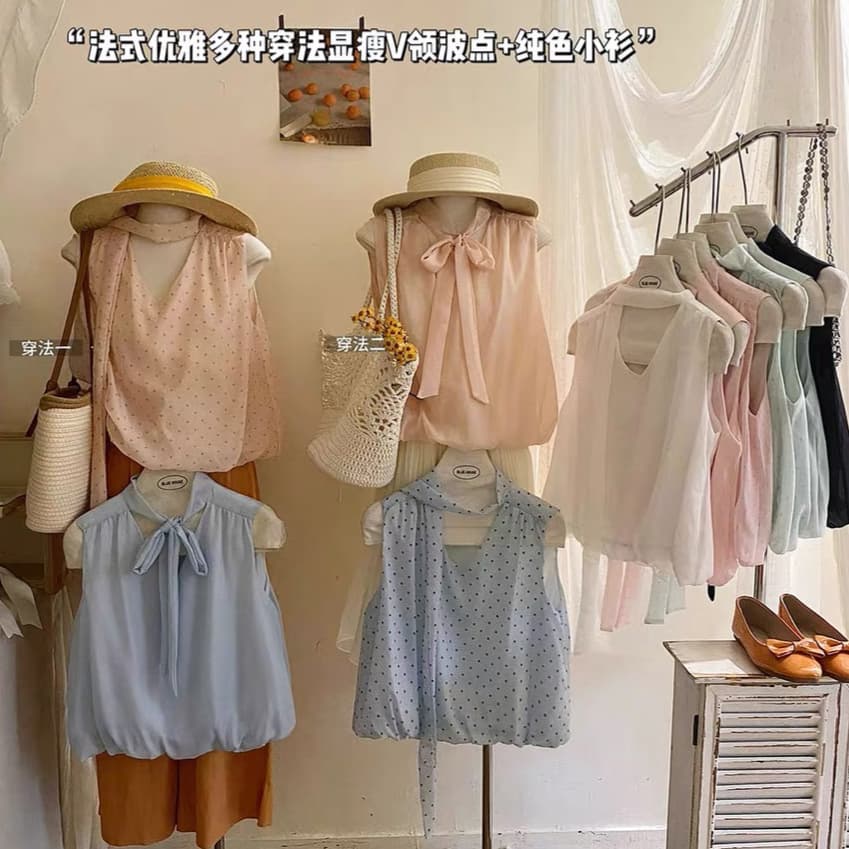 주문 재고 있음 부드러운 리본 둘 착용 V넥 도트 무늬 인터넷 색상 꽃밭 조끼 여성 여름 루즈핏 슬림해 보이는 민소매 맨위 상세 이미지 2
