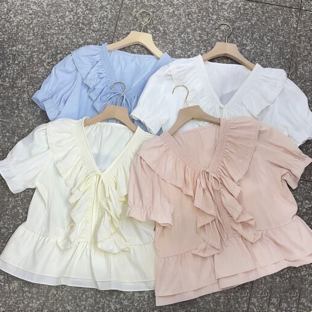 주문 재고 있음 프랑스식 프릴 V넥 반팔 셔츠 여름 새로운 한국 동대문 슈퍼 잘 생긴 쉬폰 톱 상세 이미지 1