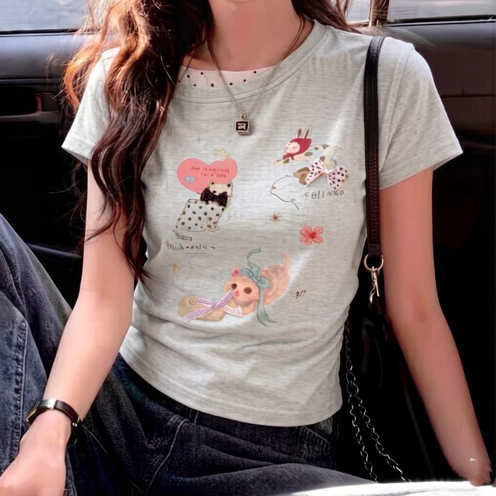 주문 재고 있음 달콤한 스타일 만화 프린트 도트 무늬 비스듬한 어깨 반팔 티셔츠 외국 가스 연령 감소 허리 수축 오프숄더 맨위 이미지 4