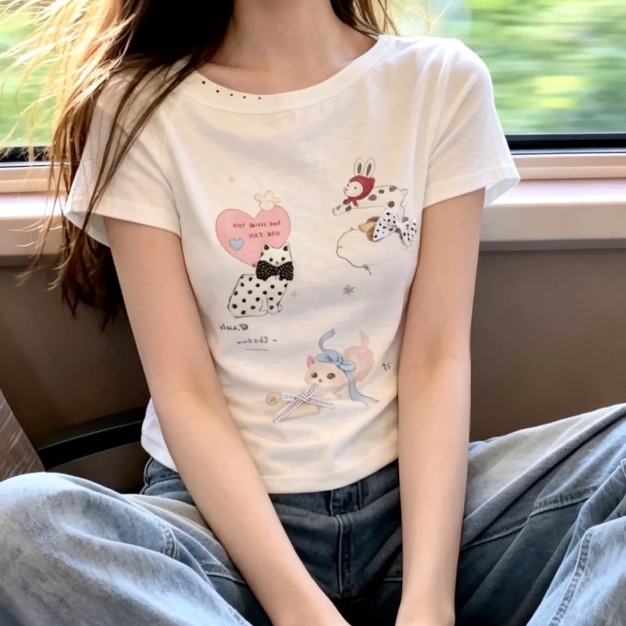주문 재고 있음 달콤한 스타일 만화 프린트 도트 무늬 비스듬한 어깨 반팔 티셔츠 외국 가스 연령 감소 허리 수축 오프숄더 맨위