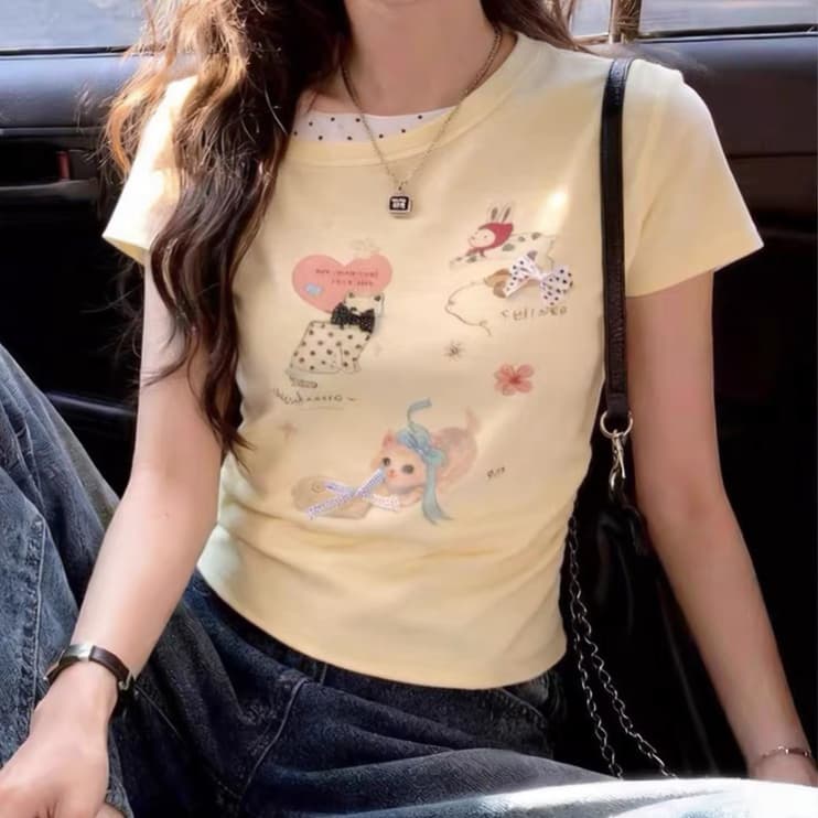 주문 재고 있음 달콤한 스타일 만화 프린트 도트 무늬 비스듬한 어깨 반팔 티셔츠 외국 가스 연령 감소 허리 수축 오프숄더 맨위 상세 이미지 4