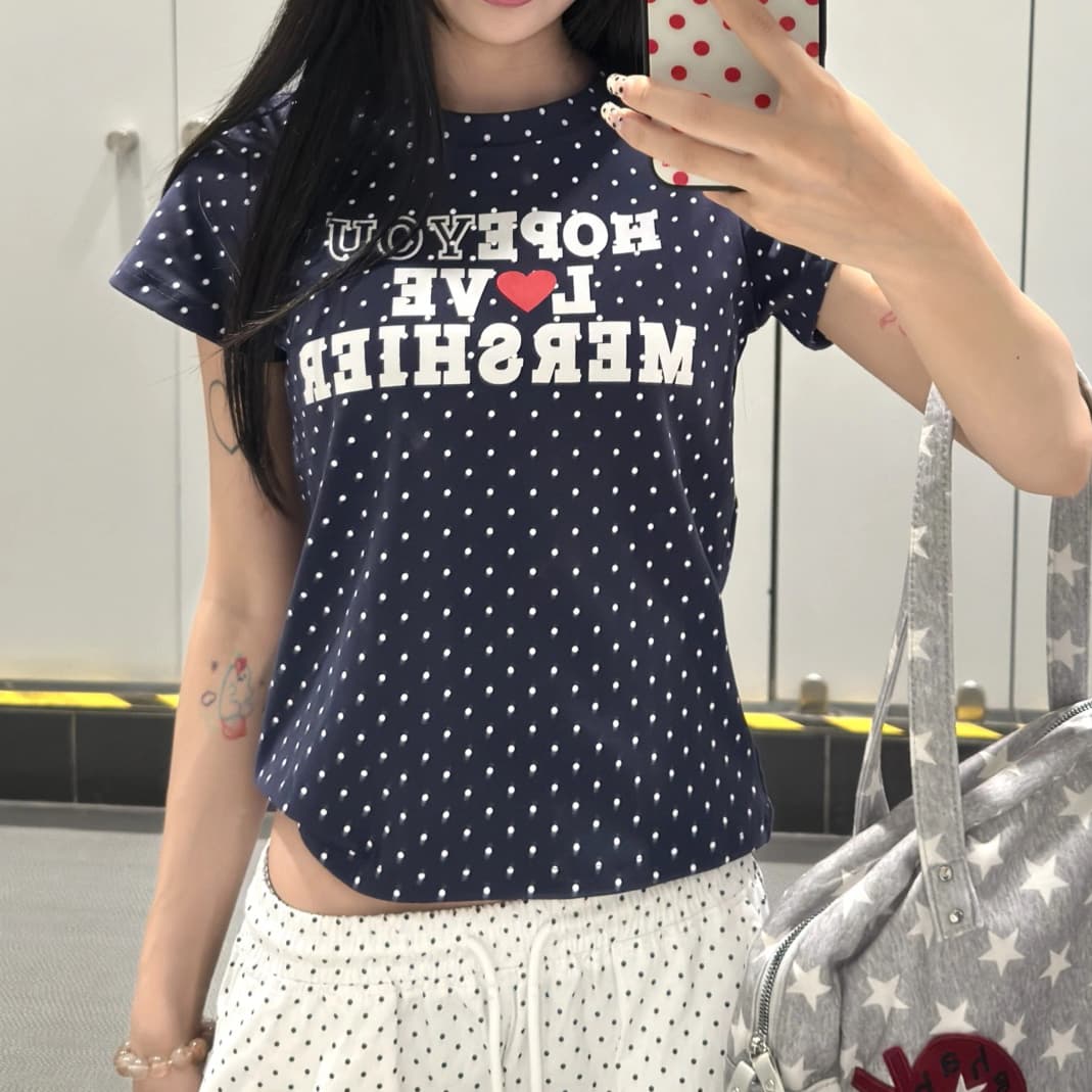 주문 재고 있음 아메리칸 레트로 전체 인쇄 도트 무늬 하트 알파벳 반팔 티셔츠 여성 긍정적 인 어깨 루즈핏 슬림해 보이는 맨위 여름 이미지 3