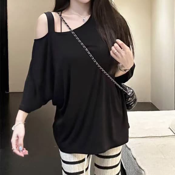 주문 재고 있음 불규칙 비스듬한 어깨 반팔 티셔츠 여성 여름 느긋한 바람 루즈핏 슬림해 보이는 다용도 풀오버 만나는 맨위 상세 이미지 6