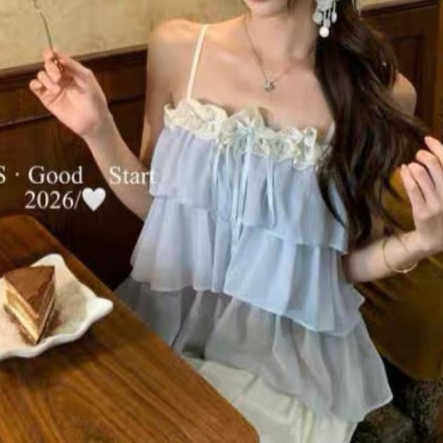 주문 재고 있음 프랑스식 달콤함 층 프릴 망사 캐미솔 배색 레이스 루즈핏 드 러 뒤쪽에 의류 이미지 4