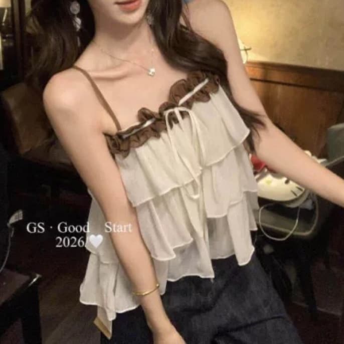 주문 재고 있음 프랑스식 달콤함 층 프릴 망사 캐미솔 배색 레이스 루즈핏 드 러 뒤쪽에 의류 이미지 3