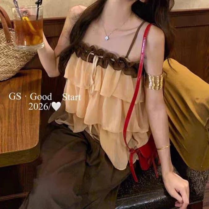 주문 재고 있음 프랑스식 달콤함 층 프릴 망사 캐미솔 배색 레이스 루즈핏 드 러 뒤쪽에 의류 상세 이미지 2