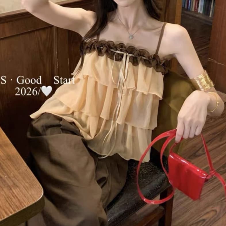 주문 재고 있음 프랑스식 달콤함 층 프릴 망사 캐미솔 배색 레이스 루즈핏 드 러 뒤쪽에 의류 상세 이미지 3