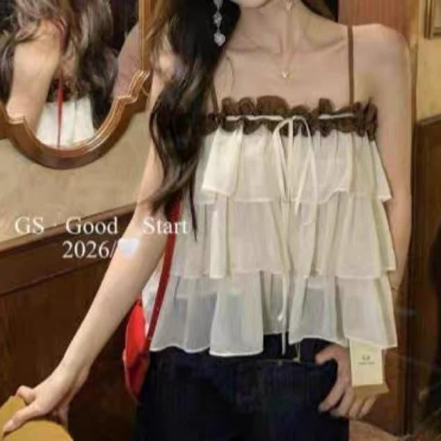 주문 재고 있음 프랑스식 달콤함 층 프릴 망사 캐미솔 배색 레이스 루즈핏 드 러 뒤쪽에 의류 상세 이미지 5