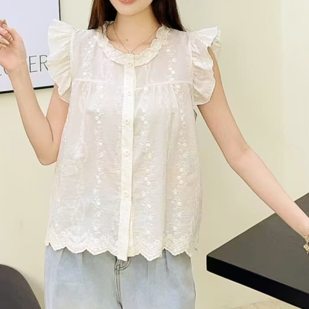 주문 재고 있음 프랑스식 자수 작은 날다 소매 셔츠 여름 디자인 센스 목이버섯 레이스 조끼 인형 셔츠 민소매 조끼 이미지 5
