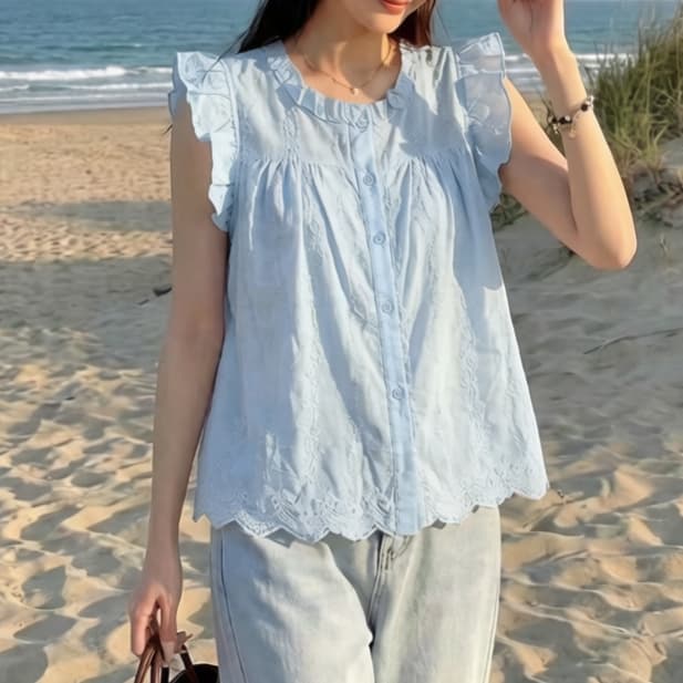 주문 재고 있음 프랑스식 자수 작은 날다 소매 셔츠 여름 디자인 센스 목이버섯 레이스 조끼 인형 셔츠 민소매 조끼 상세 이미지 5