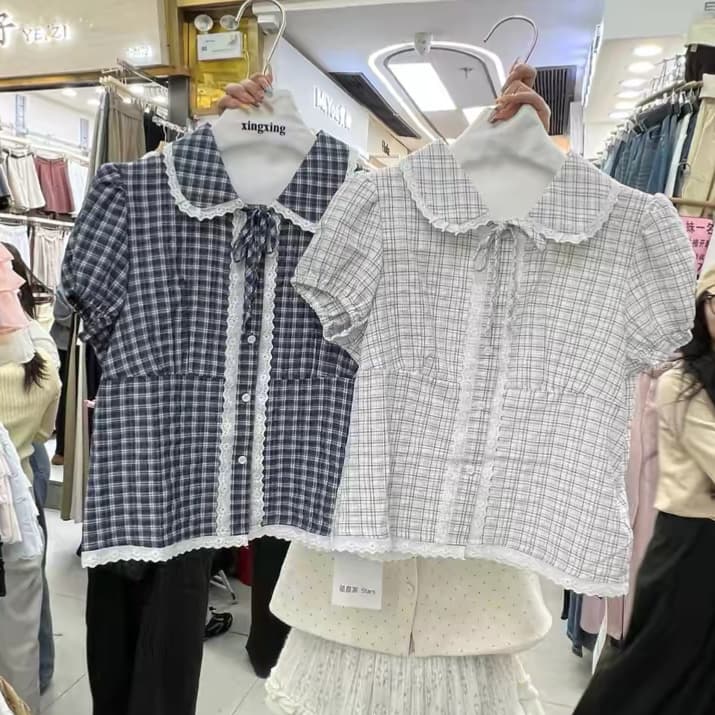주문 재고 있음 한 부서 학원 스타일 레이스 레이스 거품 소매 체크무늬 여성 셔츠 여름 느긋한 허리 수축 슬림해 보이는 맨위 상세 이미지 2
