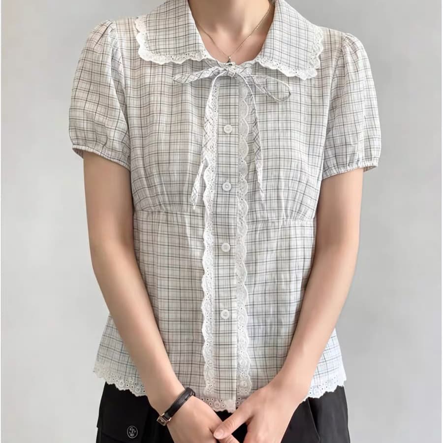 주문 재고 있음 한 부서 학원 스타일 레이스 레이스 거품 소매 체크무늬 여성 셔츠 여름 느긋한 허리 수축 슬림해 보이는 맨위 상세 이미지 3