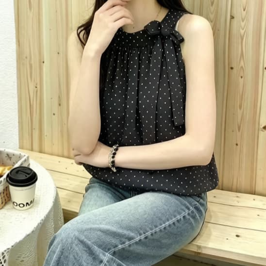 주문 재고 있음 항구 바람 빨간색 오프숄더 도트 무늬 쉬폰 블라우스 표지 배 민소매 행침 목 꽃밭 인형 셔츠 조끼 맨위 이미지 3