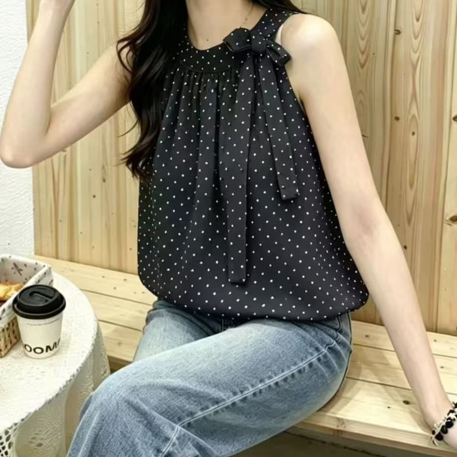 주문 재고 있음 항구 바람 빨간색 오프숄더 도트 무늬 쉬폰 블라우스 표지 배 민소매 행침 목 꽃밭 인형 셔츠 조끼 맨위 상세 이미지 3