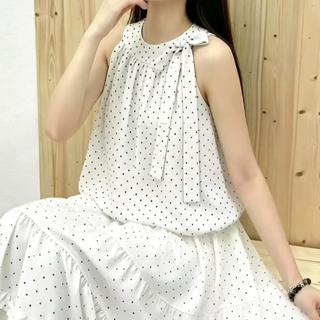 주문 재고 있음 항구 바람 빨간색 오프숄더 도트 무늬 쉬폰 블라우스 표지 배 민소매 행침 목 꽃밭 인형 셔츠 조끼 맨위 상세 이미지 5