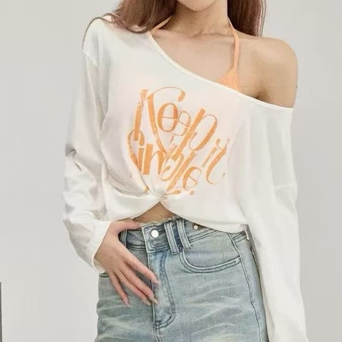주문 재고 있음 여름 휴가 바람 행침 목 슬립 오프숄더 알파벳 프린트 긴팔 티셔츠 자외선 차단 맨위 투피스 세트 상세 이미지 2