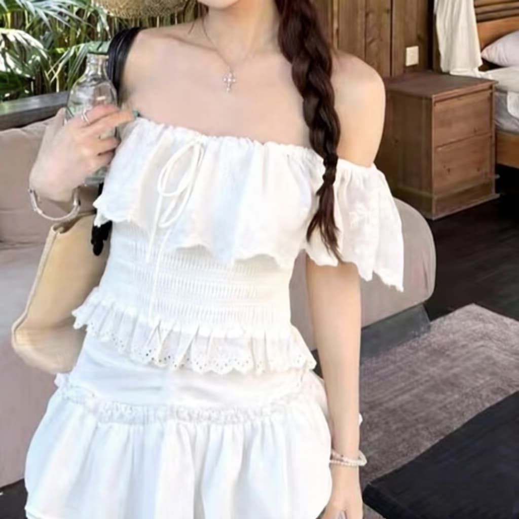 주문 재고 있음 주름 프릴 둘 착용 쇼트 스타일 티셔츠 여성 여름 달콤한 스타일 보트넥 오프숄더 맨위 상세 이미지 2