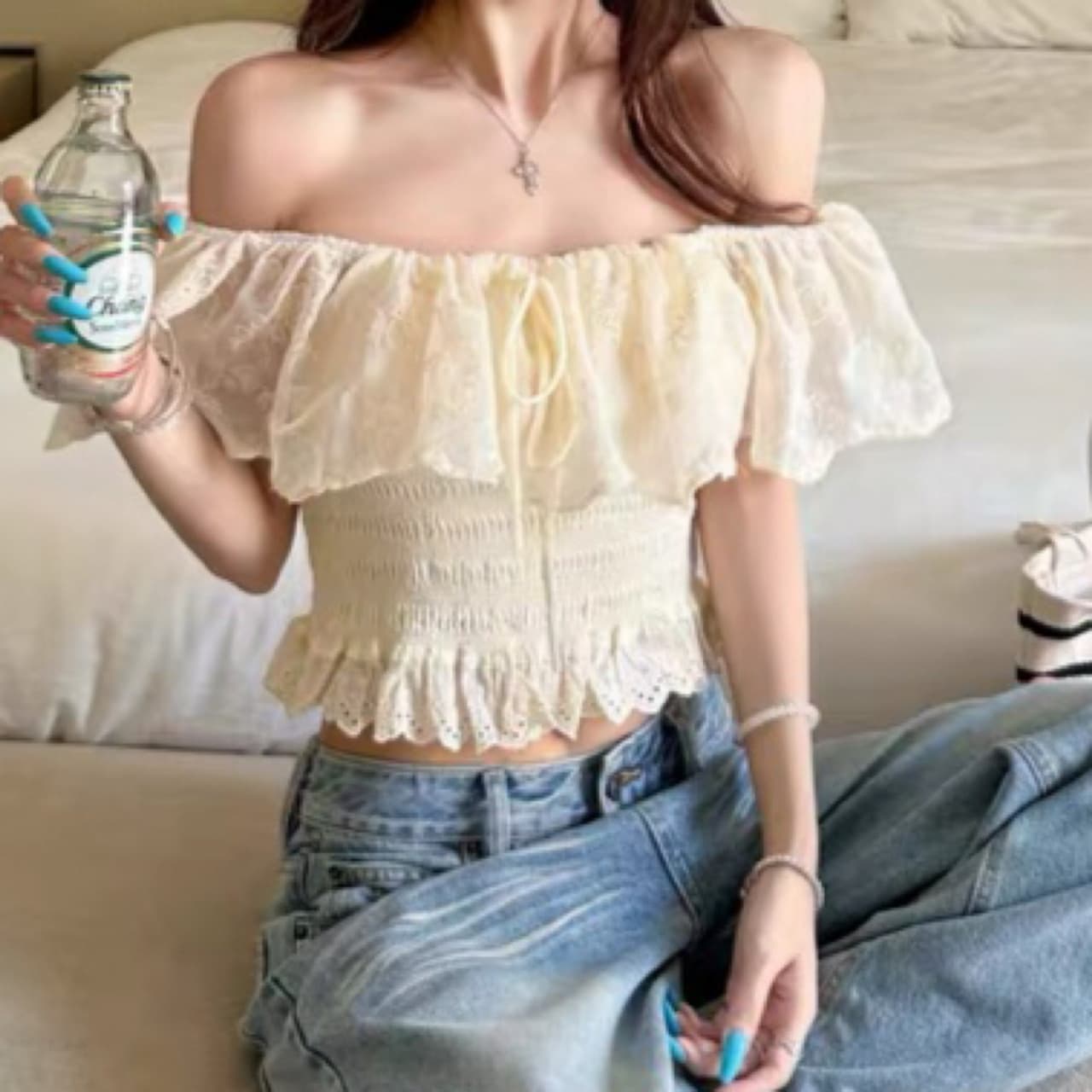 주문 재고 있음 주름 프릴 둘 착용 쇼트 스타일 티셔츠 여성 여름 달콤한 스타일 보트넥 오프숄더 맨위 상세 이미지 5