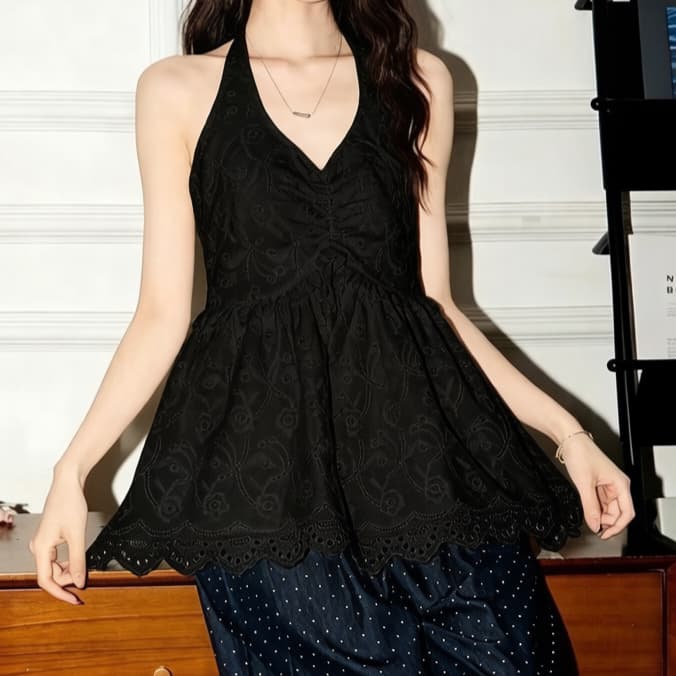 재고 있음 달콤함 V넥 무거운 작업 자수 행침 목 조끼 여성 여름 패션 디자인 센스 작은 대중 캐주얼 맨위 상세 이미지 5