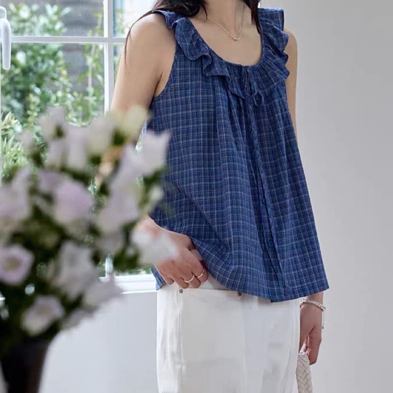 재고 있음 블루 그리드 레이스업 레이스 베이비 칼라 여성 셔츠 여름 새로운 민소매 쉬폰 블라우스 루즈핏 슬림해 보이는 조끼 작은 셔츠 이미지 3