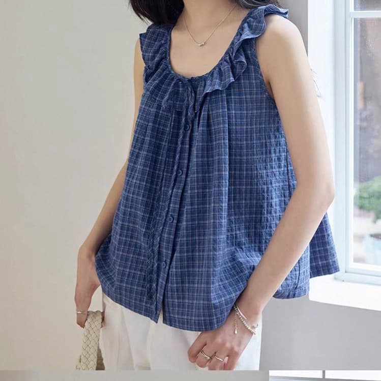 재고 있음 블루 그리드 레이스업 레이스 베이비 칼라 여성 셔츠 여름 새로운 민소매 쉬폰 블라우스 루즈핏 슬림해 보이는 조끼 작은 셔츠 상세 이미지 4