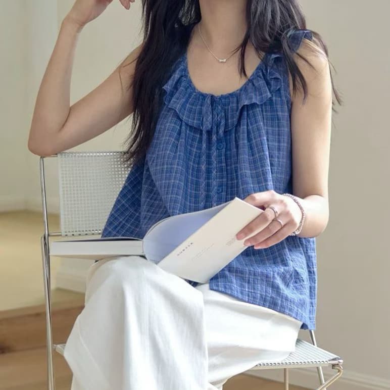 재고 있음 블루 그리드 레이스업 레이스 베이비 칼라 여성 셔츠 여름 새로운 민소매 쉬폰 블라우스 루즈핏 슬림해 보이는 조끼 작은 셔츠 상세 이미지 6