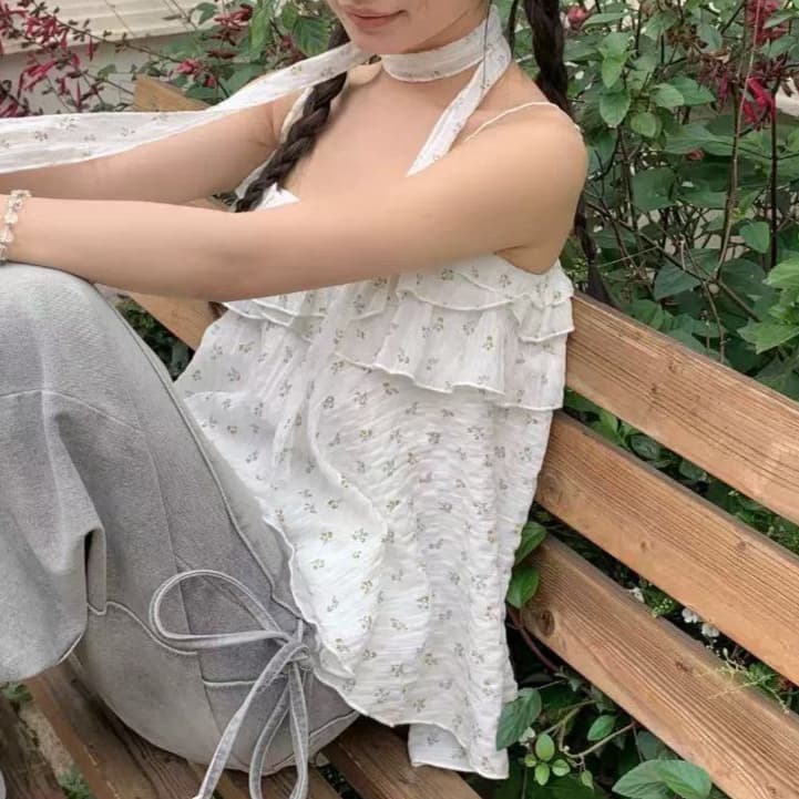 재고 있음 작은 키 여름 외출용 행침 목 프릴 슬립 작은 조끼 여성 민소매 휴가 맨위 보내기 리본 이미지 4