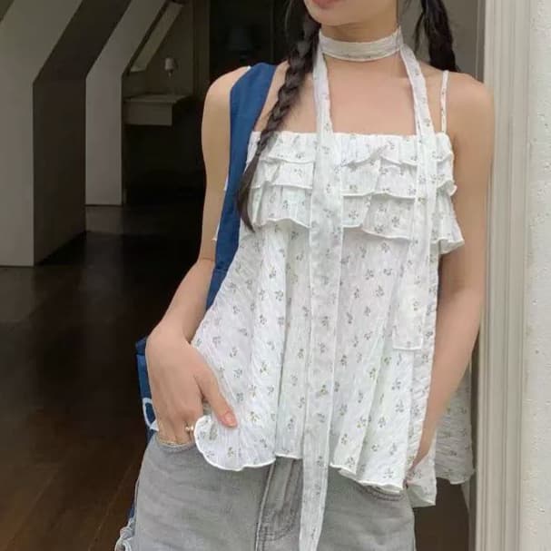 재고 있음 작은 키 여름 외출용 행침 목 프릴 슬립 작은 조끼 여성 민소매 휴가 맨위 보내기 리본 상세 이미지 2