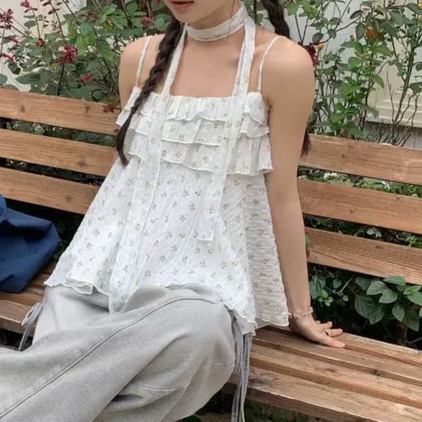 재고 있음 작은 키 여름 외출용 행침 목 프릴 슬립 작은 조끼 여성 민소매 휴가 맨위 보내기 리본 상세 이미지 4