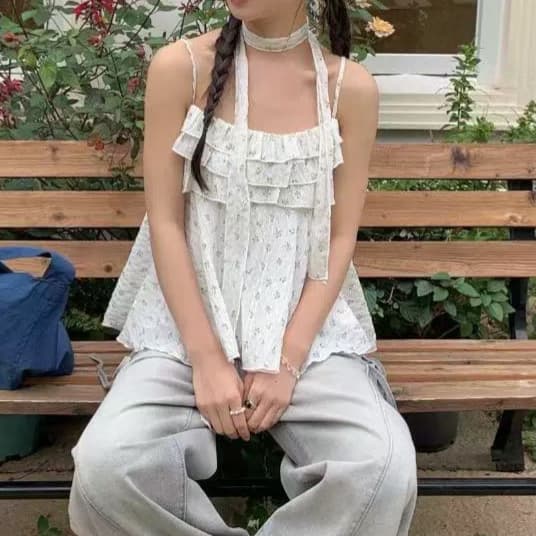 재고 있음 작은 키 여름 외출용 행침 목 프릴 슬립 작은 조끼 여성 민소매 휴가 맨위 보내기 리본 상세 이미지 5