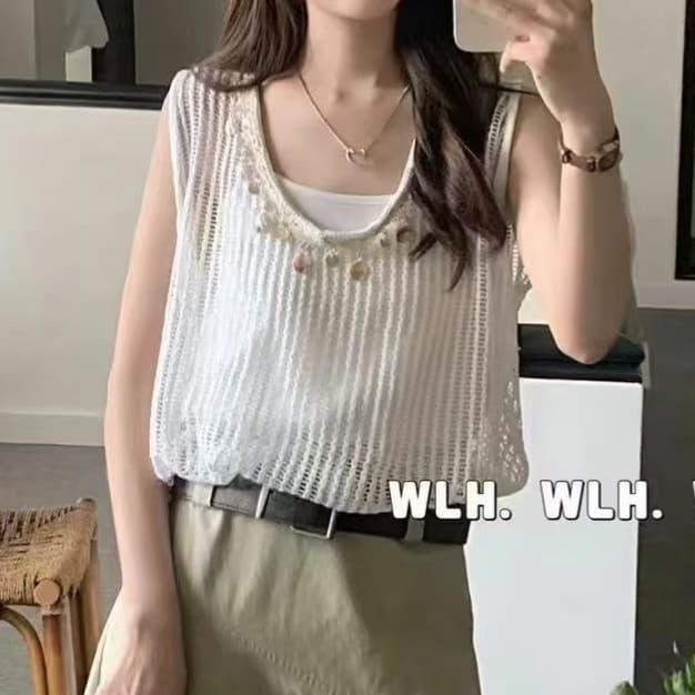 재고 있음 휴가 바람 스팽글 홀로우 아웃 페이크 레이어드 조끼 슬립 여성 여름 드레스 새로운 디자인 센스 민소매 맨위 상세 이미지 7