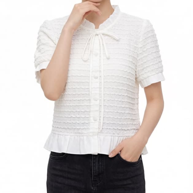 재고 있음 프랑스식 부드러운 작은 대중 화이트 패치워크 프릴 셔츠 여름 품격 Chic chic 셔츠 쇼트 스타일 맨위 이미지 4