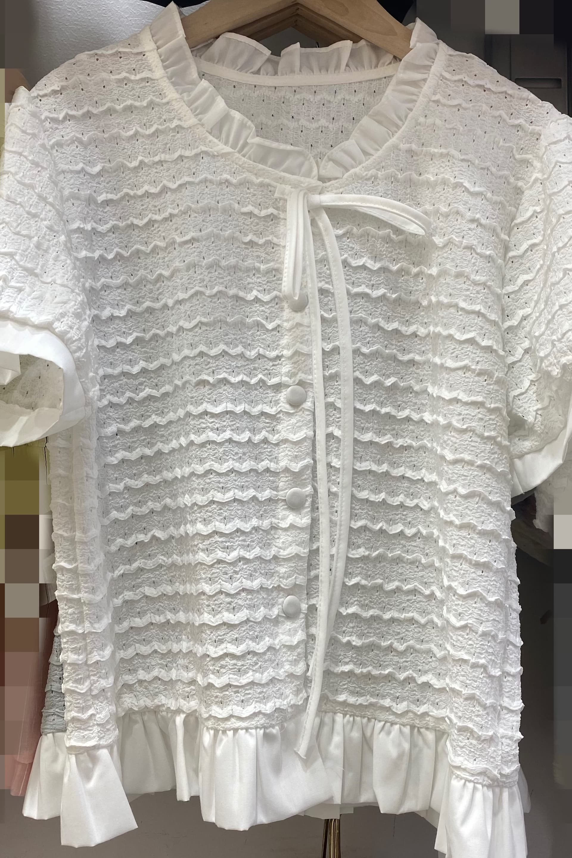재고 있음 프랑스식 부드러운 작은 대중 화이트 패치워크 프릴 셔츠 여름 품격 Chic chic 셔츠 쇼트 스타일 맨위 이미지 6