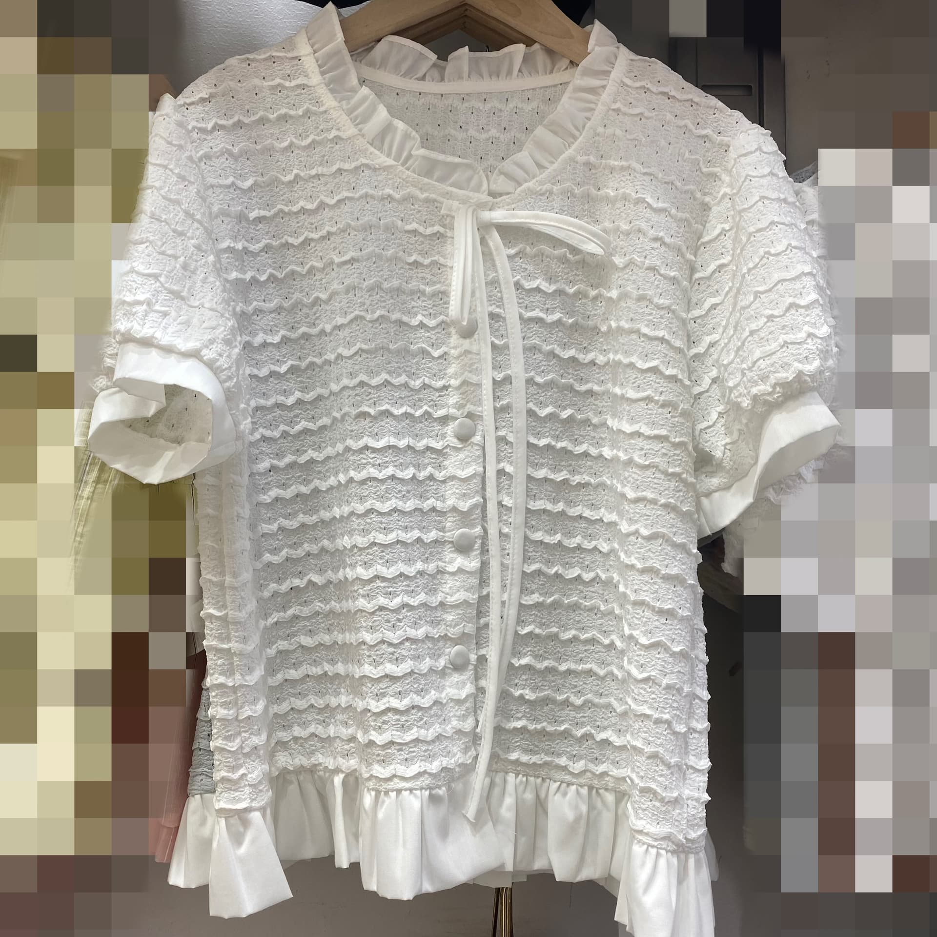 재고 있음 프랑스식 부드러운 작은 대중 화이트 패치워크 프릴 셔츠 여름 품격 Chic chic 셔츠 쇼트 스타일 맨위 상세 이미지 1