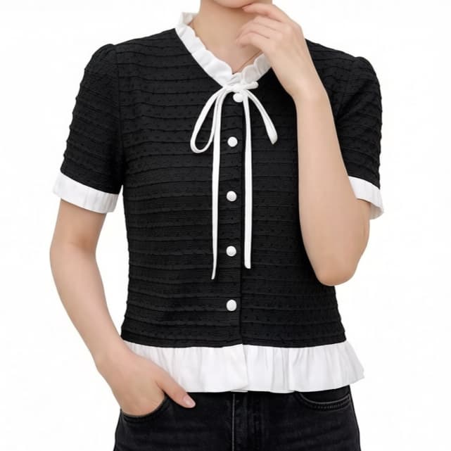 재고 있음 프랑스식 부드러운 작은 대중 화이트 패치워크 프릴 셔츠 여름 품격 Chic chic 셔츠 쇼트 스타일 맨위 상세 이미지 3