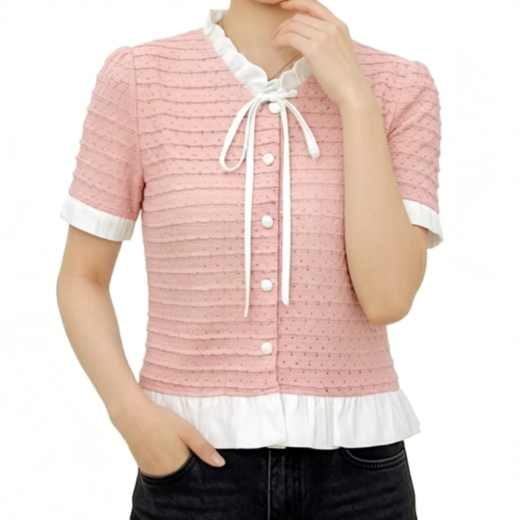 재고 있음 프랑스식 부드러운 작은 대중 화이트 패치워크 프릴 셔츠 여름 품격 Chic chic 셔츠 쇼트 스타일 맨위 상세 이미지 5